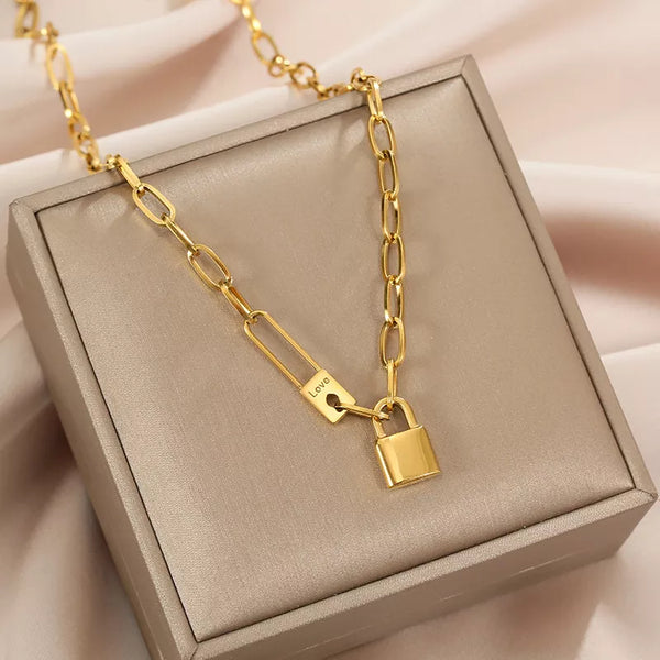 Letter Love Lock Pendant Thick Chain Necklace