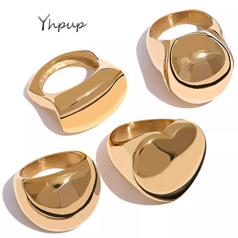 Chunky Heart Square Round Charm Statement Golden Rings