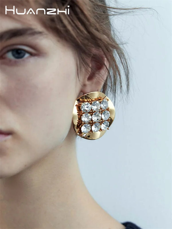 Geometric Circular Rhinestone Big Stud Earrings